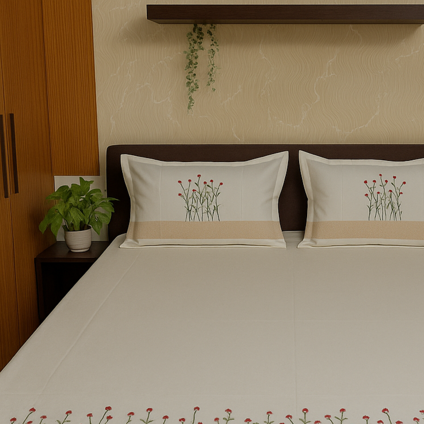 Elegant Floral Embroidered Pure Cotton Bedsheet Set With 2 Pillow Covers