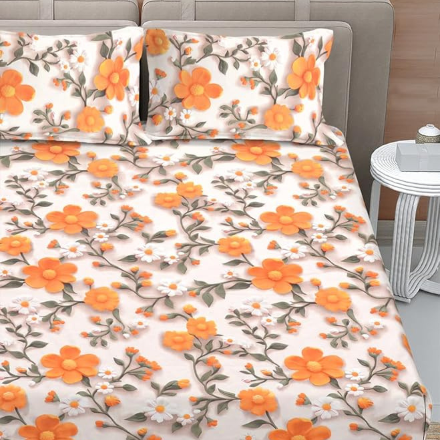 Multicolor Floral Cotton Blend Bedsheet with 2 Pillow Covers