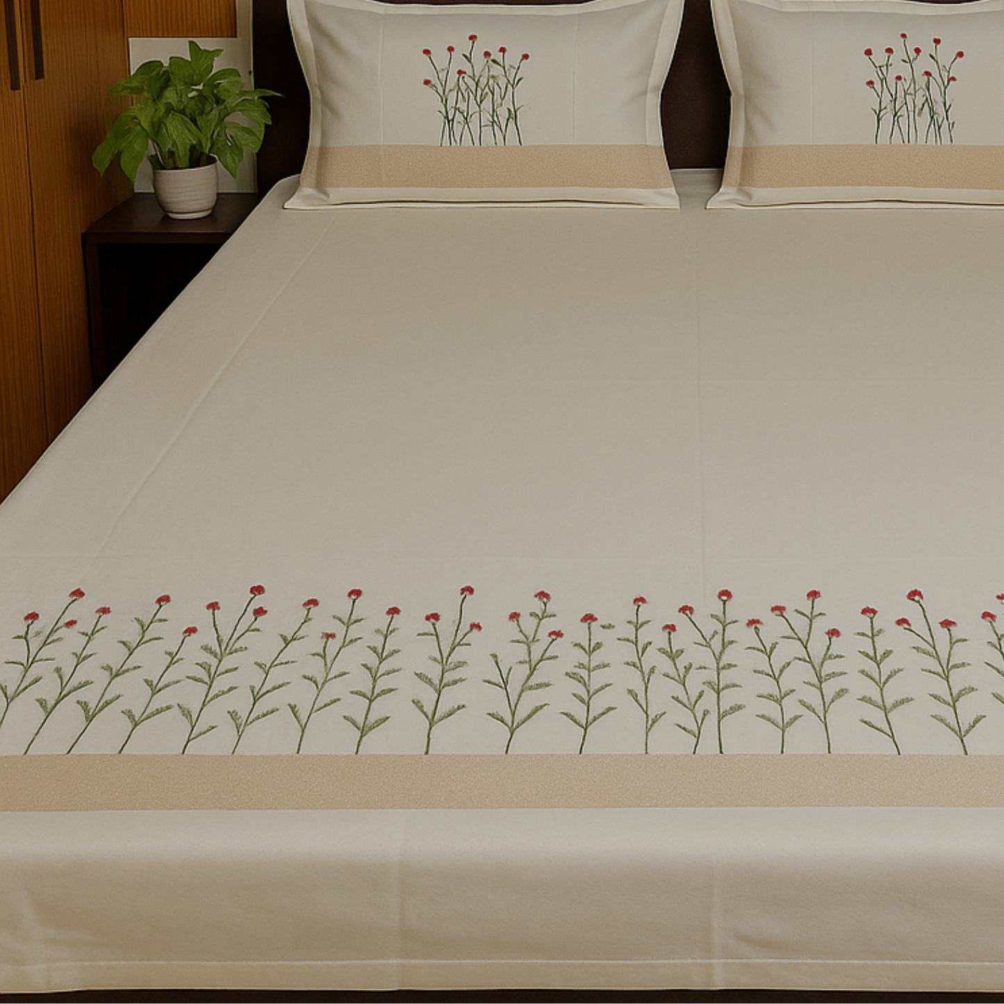 Elegant Floral Embroidered Pure Cotton Bedsheet Set With 2 Pillow Covers