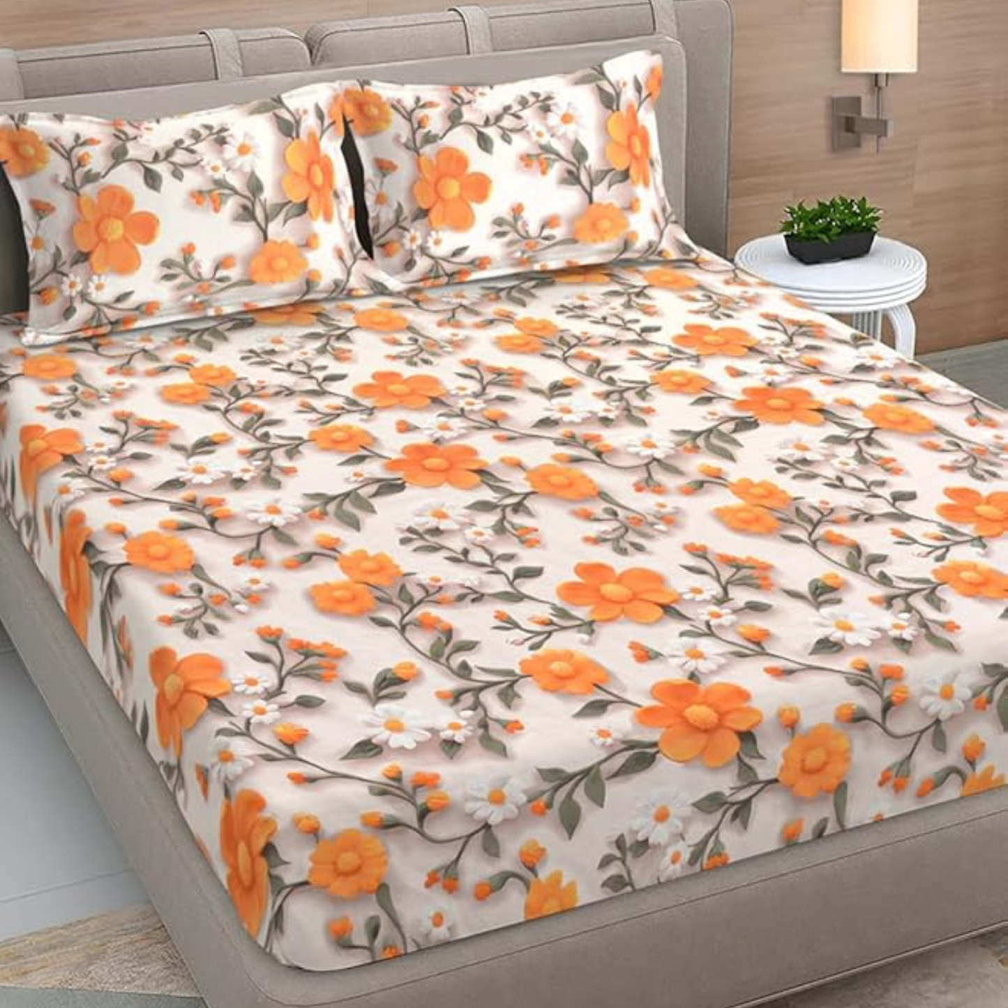 Multicolor Floral Cotton Blend Bedsheet with 2 Pillow Covers