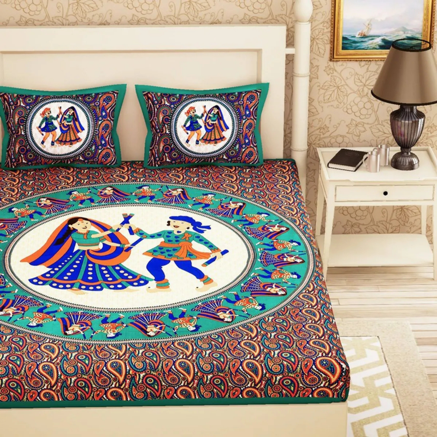 Rajasthani Jaipuri Cotton Double Flat Printed Bedsheet With Pillow Cover