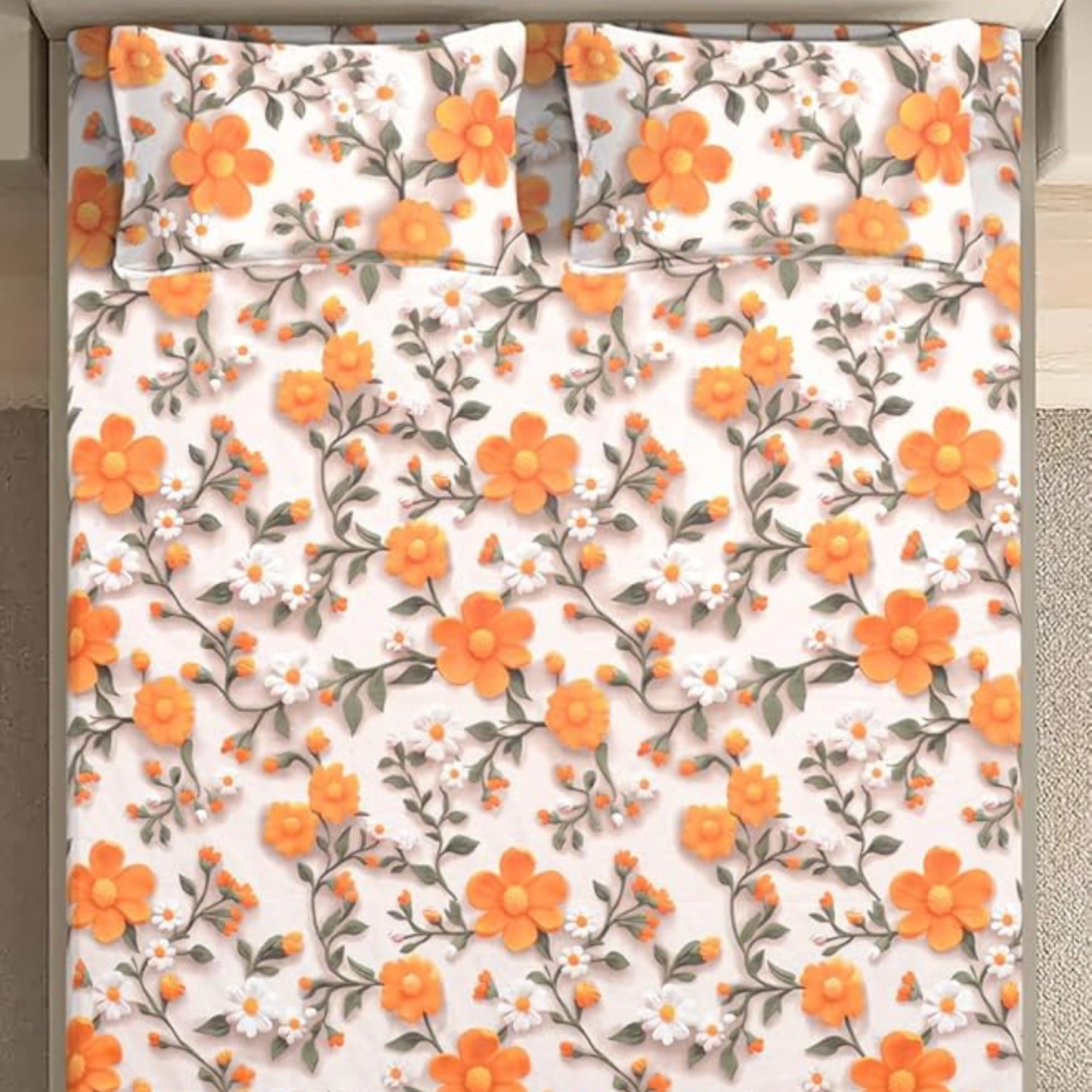 Multicolor Floral Cotton Blend Bedsheet with 2 Pillow Covers
