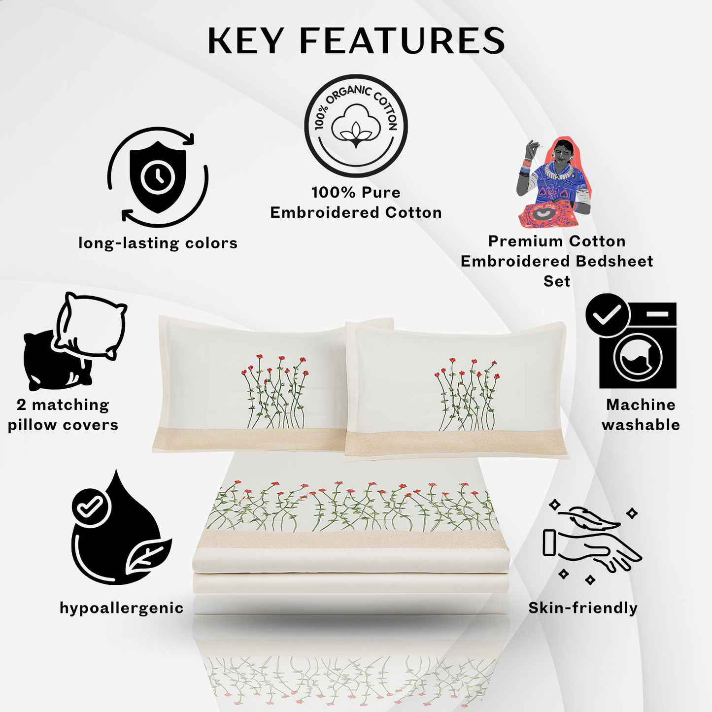 Elegant Floral Embroidered Pure Cotton Bedsheet Set With 2 Pillow Covers