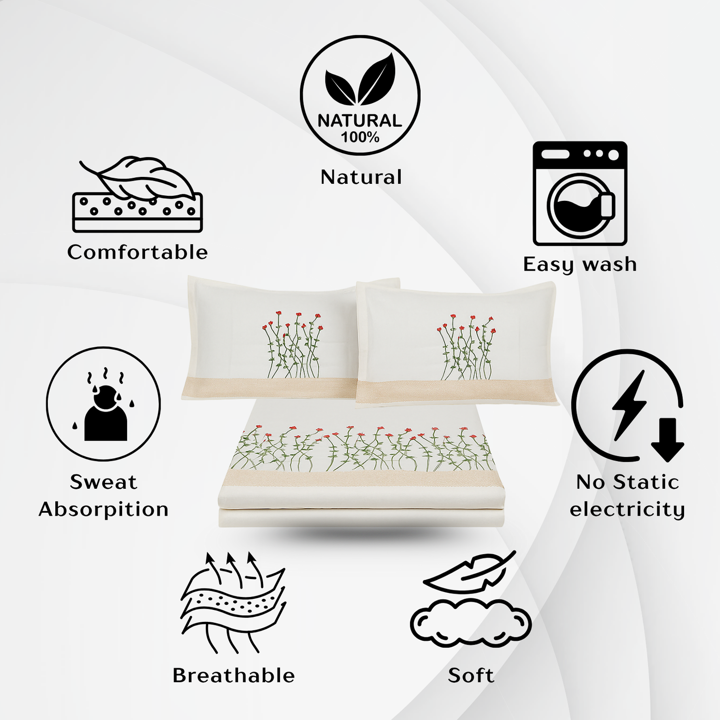 Elegant Floral Embroidered Pure Cotton Bedsheet Set With 2 Pillow Covers
