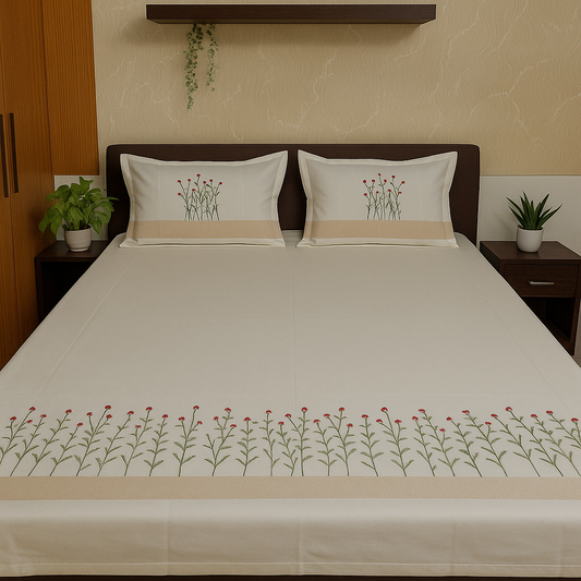 Elegant Floral Embroidered Pure Cotton Bedsheet Set With 2 Pillow Covers